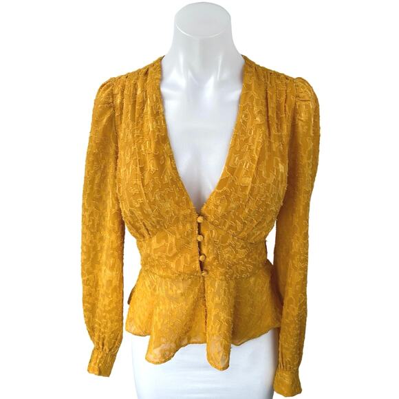 French Connection Brenna Yellow Long Puff Sleeve V-Neck Peplum Blouse Top Size 8 - Picture 1 of 5